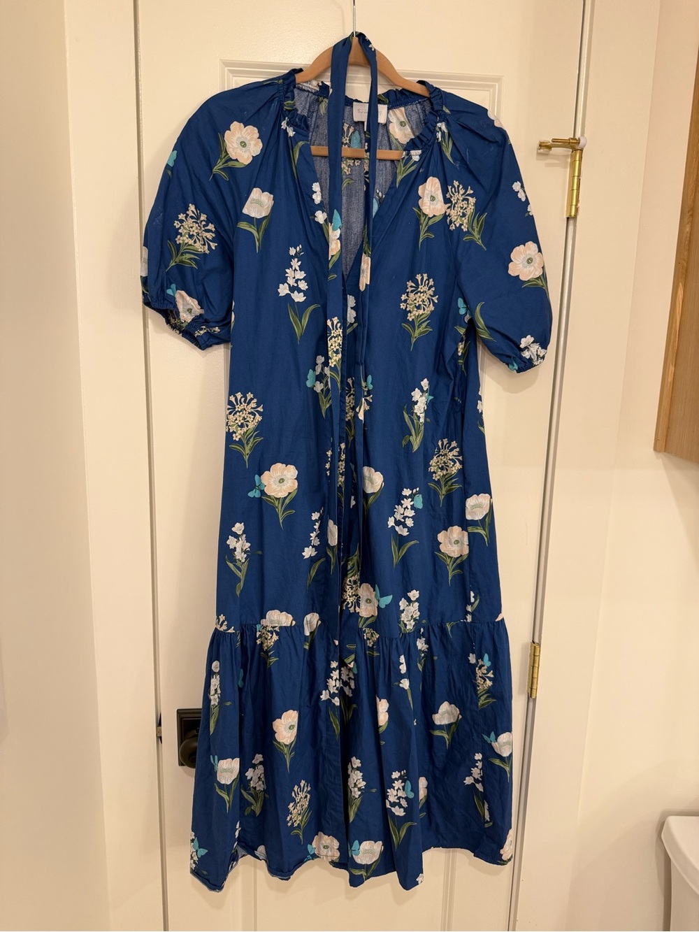 Sugarlips Navy Floral Tie-Neck Puff Sleeve Midi Dress